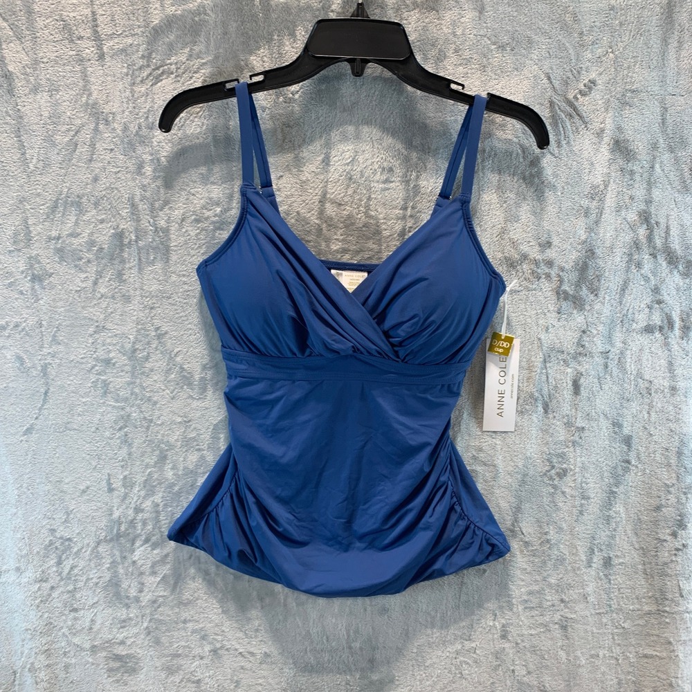 Anne Cole Blue Surplice Ruched Underwire Tankini Top 34DD 36D MYMT23301 NEW